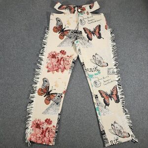 Guapi Pants Womens XS Mid Rise Fringe Edge Floral Eiffel Paris Cut Out Waist